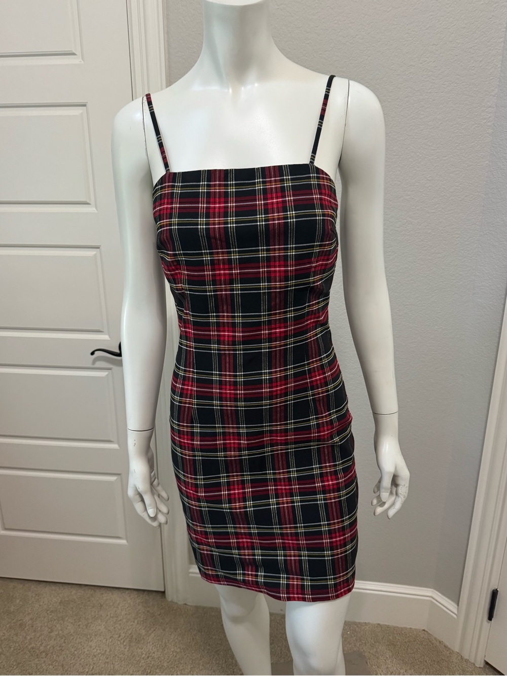 Plaid Spaghetti-Strap Bodycon Dress in Red & Black